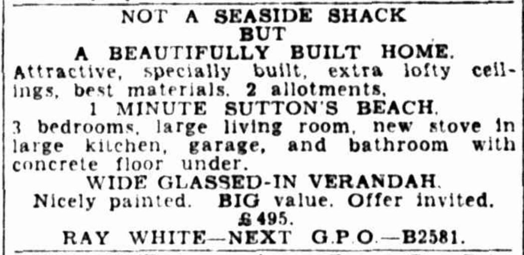 A newspaper article from Trove titled Not a seaside shack but a beautifully built home