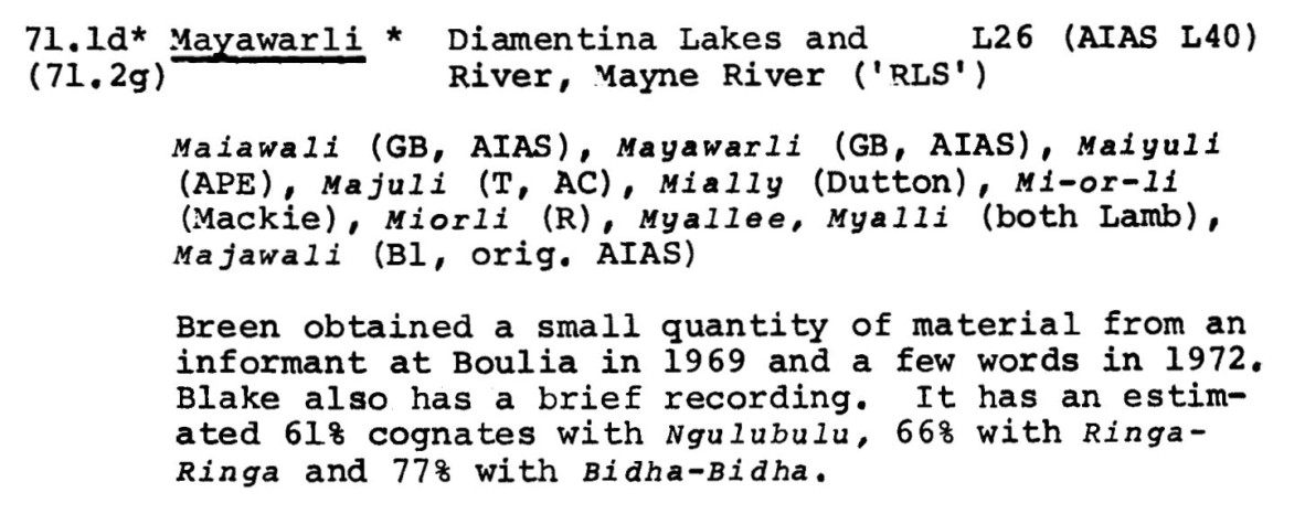 Mayawarli (Maiawali) entry - Oates Linguistic Survey, 1970.