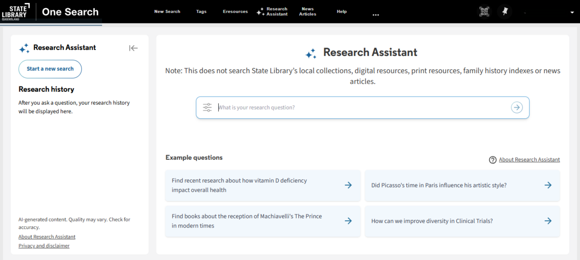 One Search Research Assistant landing page