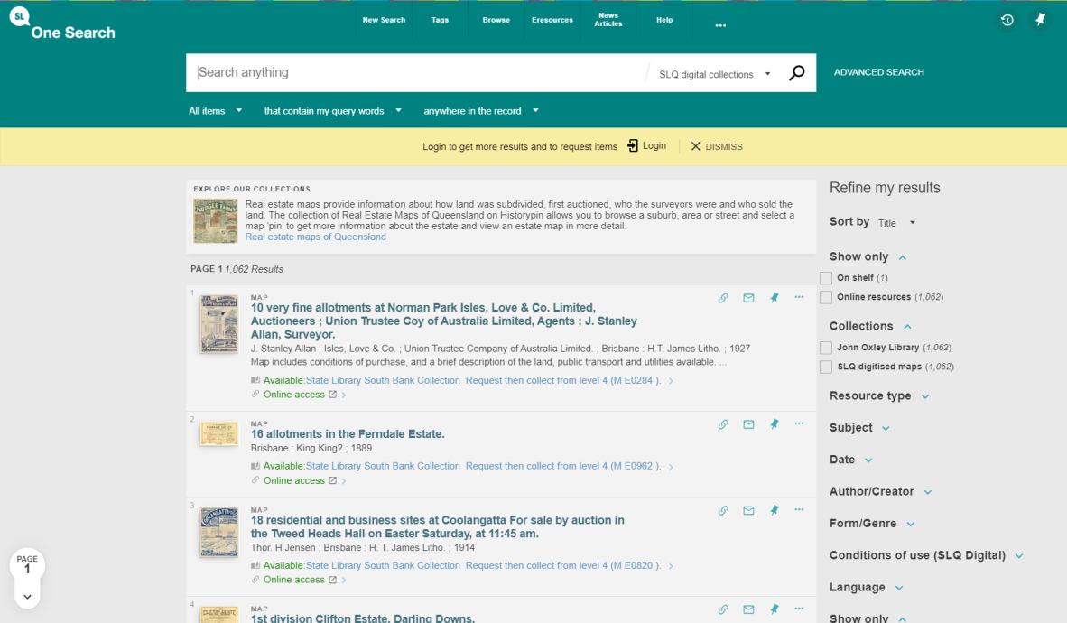 Screenshot of OneSearch Catalogue listing real estate maps at the State Library of Queensland