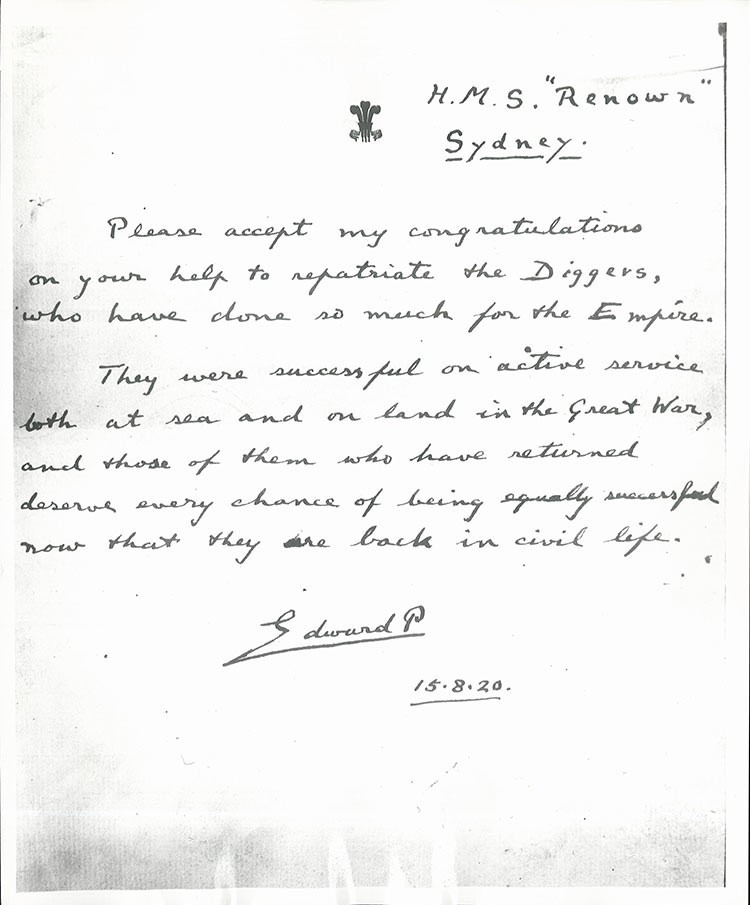 The open letter penned by HRH the Prince of Wales dated 18 August 1920