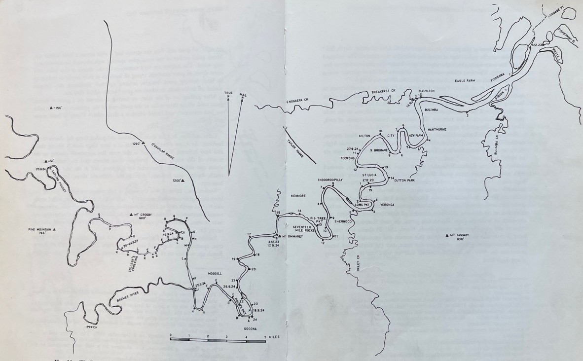 The Brisbane River according to modern surveys, showing Oxley’s routes in 1823 and 1824, figure 16 (p. 108-109), The Explorers of the Moreton Bay District 1770 – 1830, 1972. J.G. Steele.