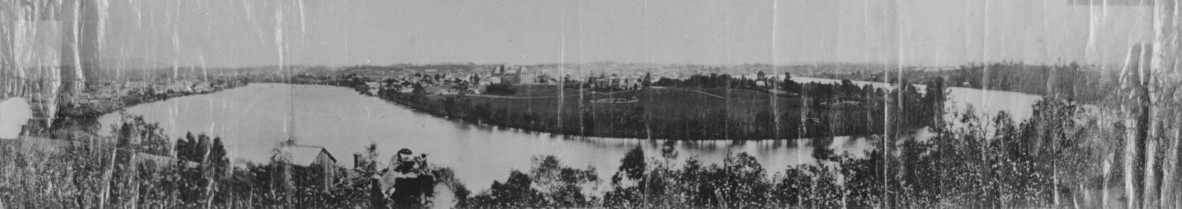 Panoramic View from River Terrace [Kangaroo Point] showing the Brisbane River and the Botanic Gardens at Gardens Point, ca.1870.