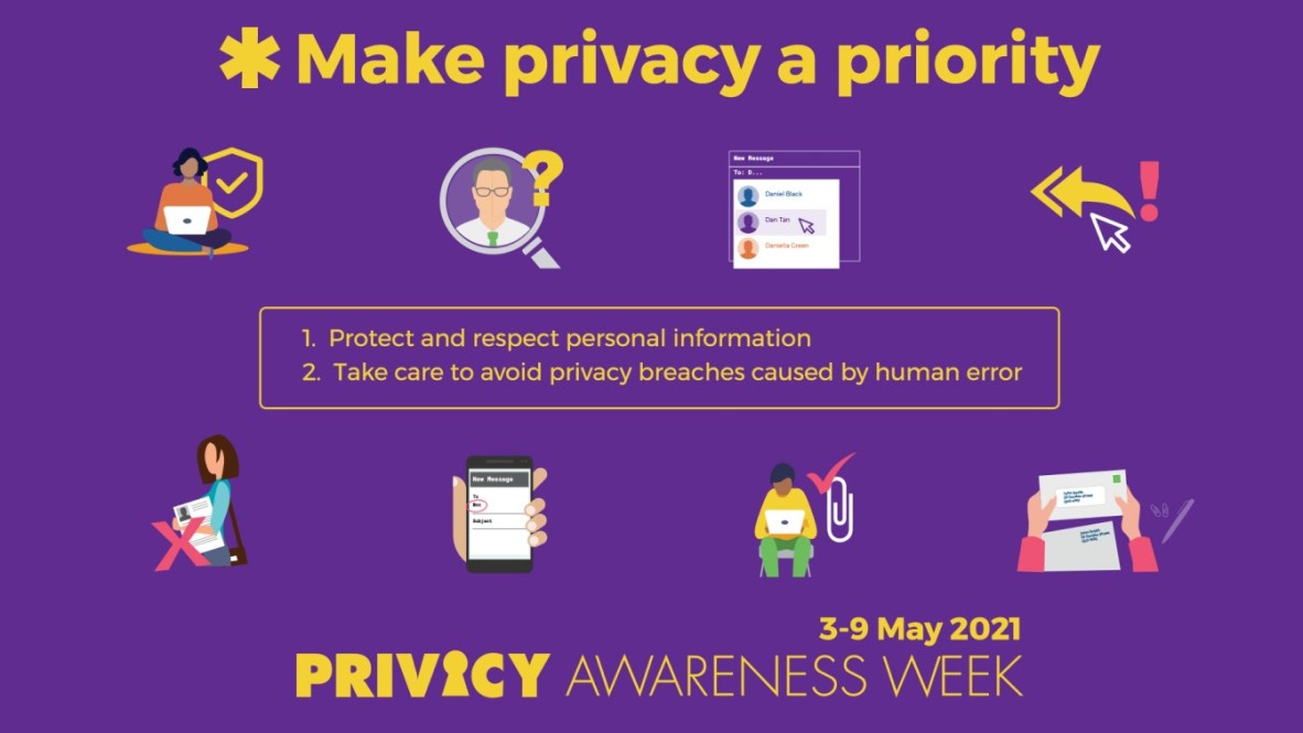 Cartoon images and text relating to protecting your privacy while online Includes the text Make privacy a priority