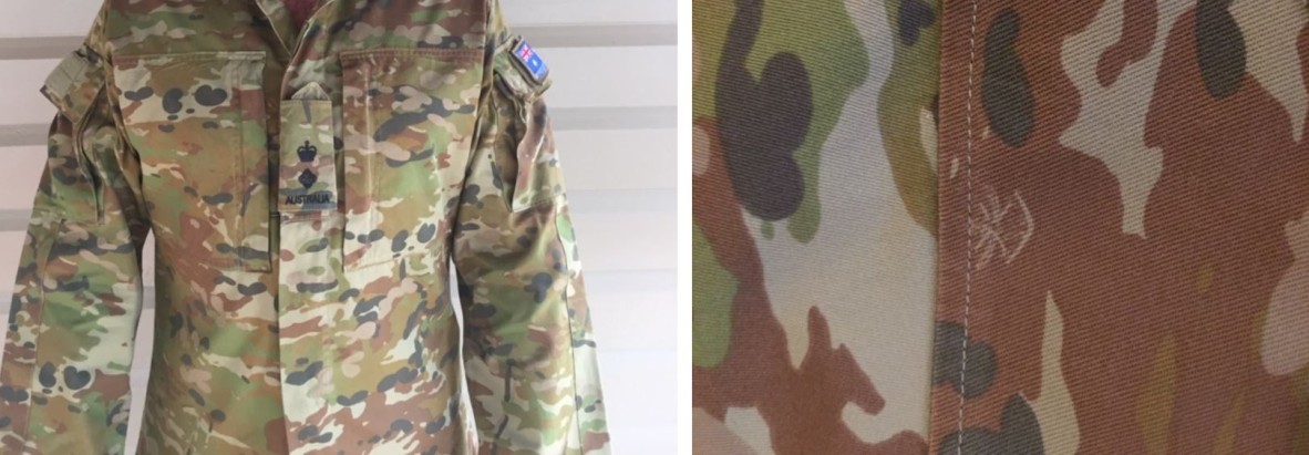 Photo of Australian Army camouflage uniform and another close-up image of the pattern showing insignia embroidered in fabric
