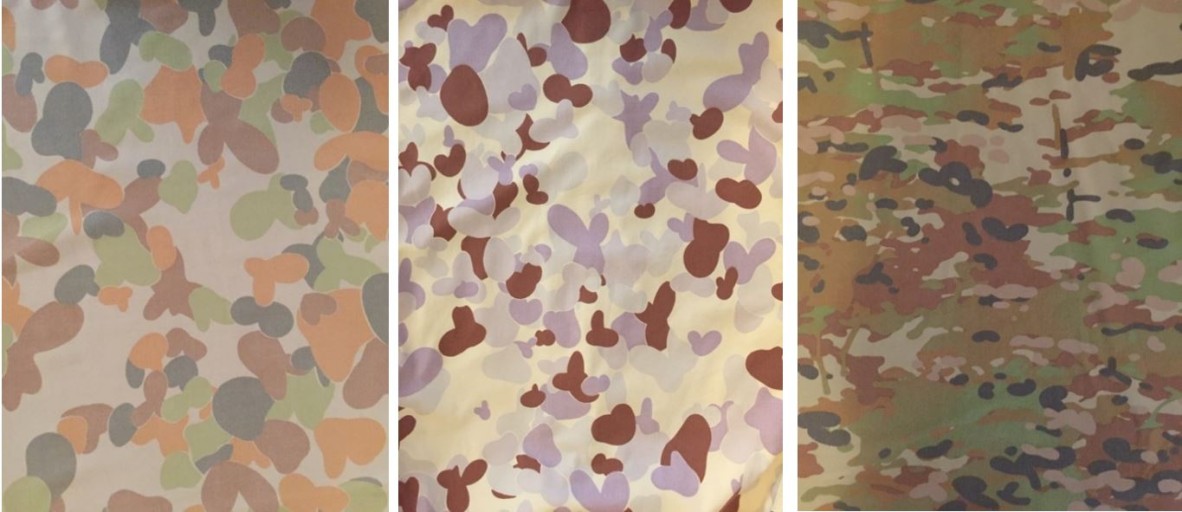 Three different types of camouflage on fabric of military uniforms