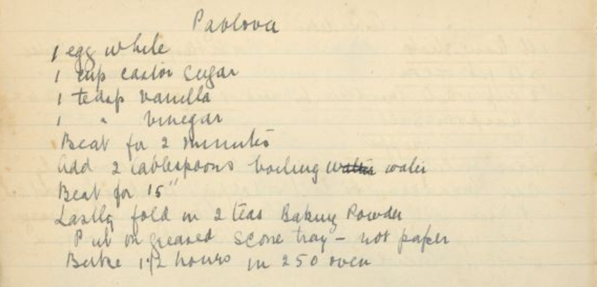 Pavlova recipe from Patricia Shannon recipe book