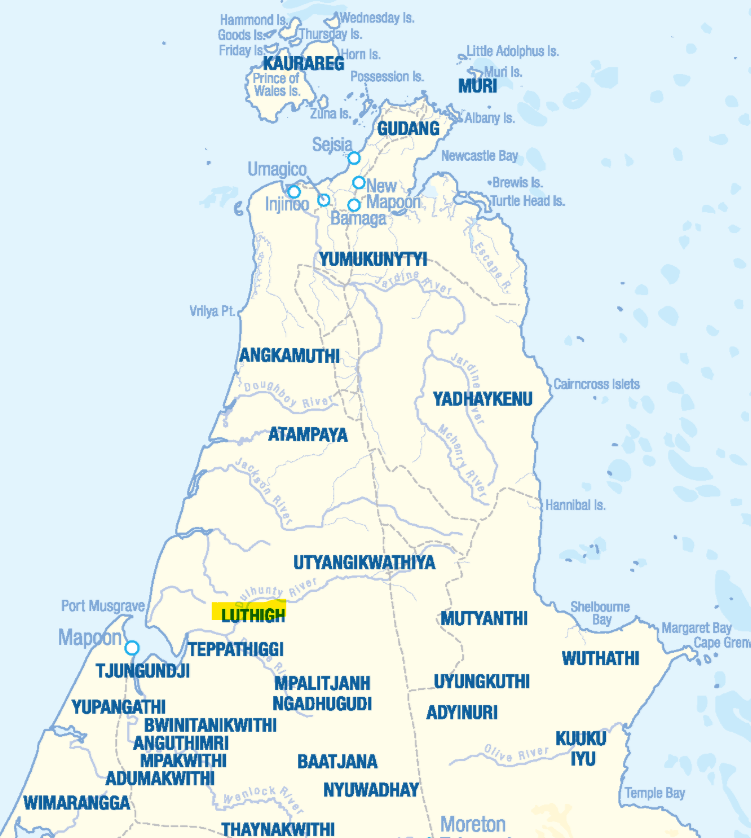 Pama Language Centre map showing location of Luthigh.