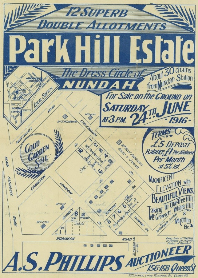 Real estate map for Park Hill Estate, Nundah, 1916