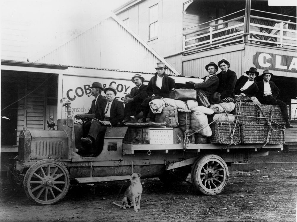 Passengers on the Jundah Mail Transport by Cobb  Co dog sitting in front