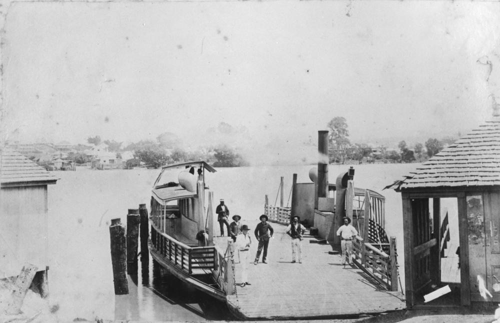 Passengers posing on a ferry at the Edward Street ferry terminal Brisbane 1890