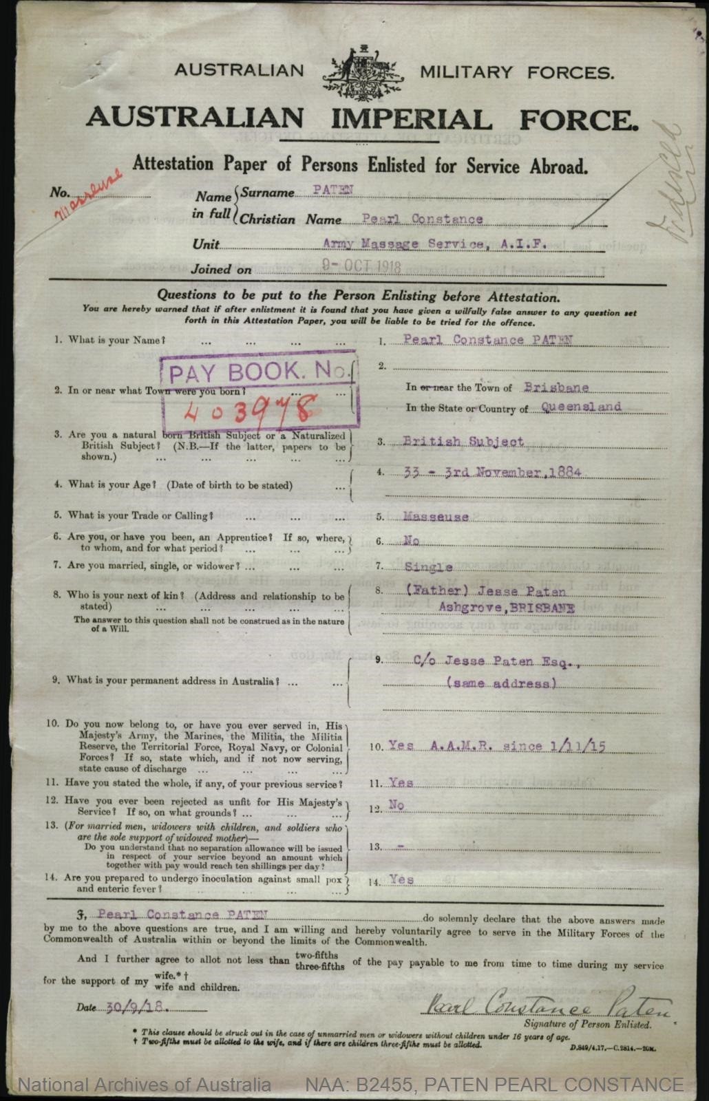 WWI Service Records Pearl Constance Paten