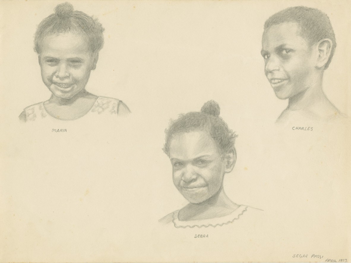 Pencil drawings of the heads and shoulders of three children