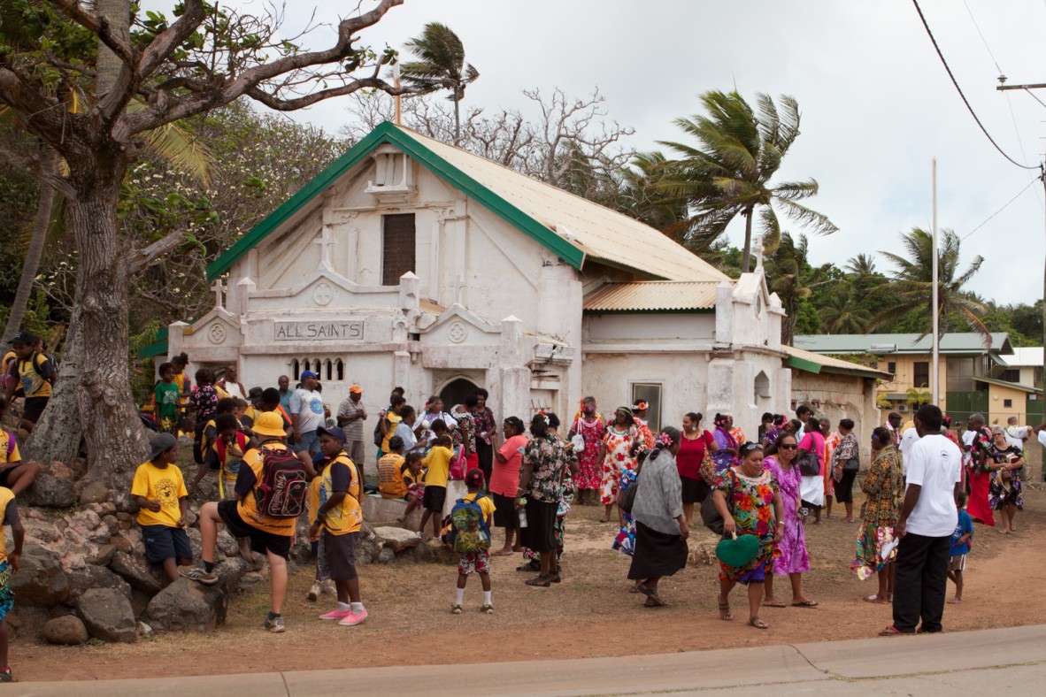 People assemble outside All Saints Anglican Church, Erub Island, 2011. 