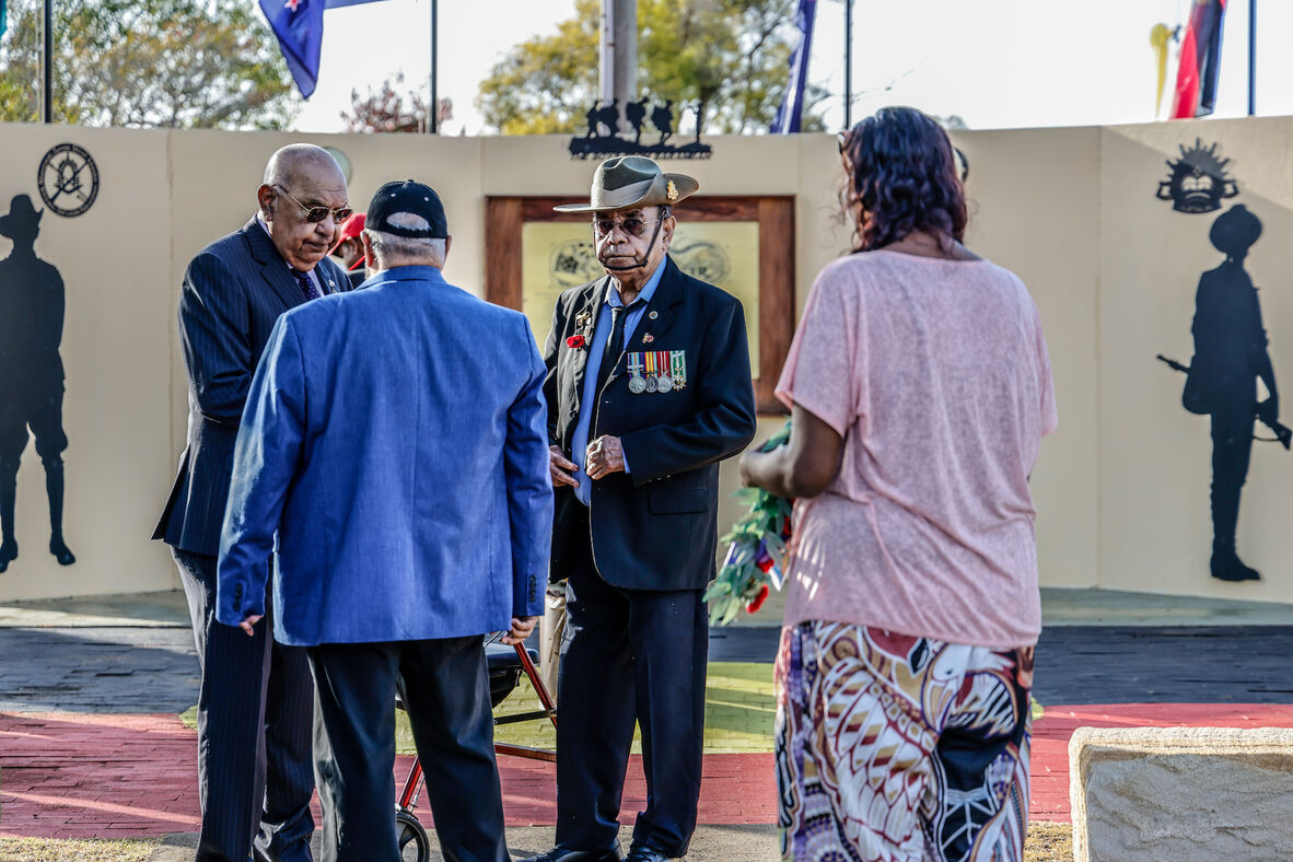 Peter Hegarty and Claude Malone at the Anzac service at Cherbourg in 2023.