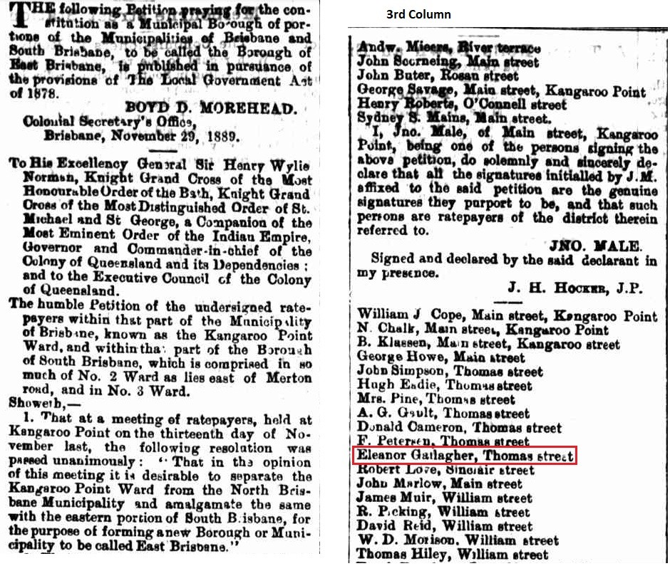 Petition for the creation of a Borough of East Brisbane, published in The Telegraph (Brisbane), 3 December 1889, p.3