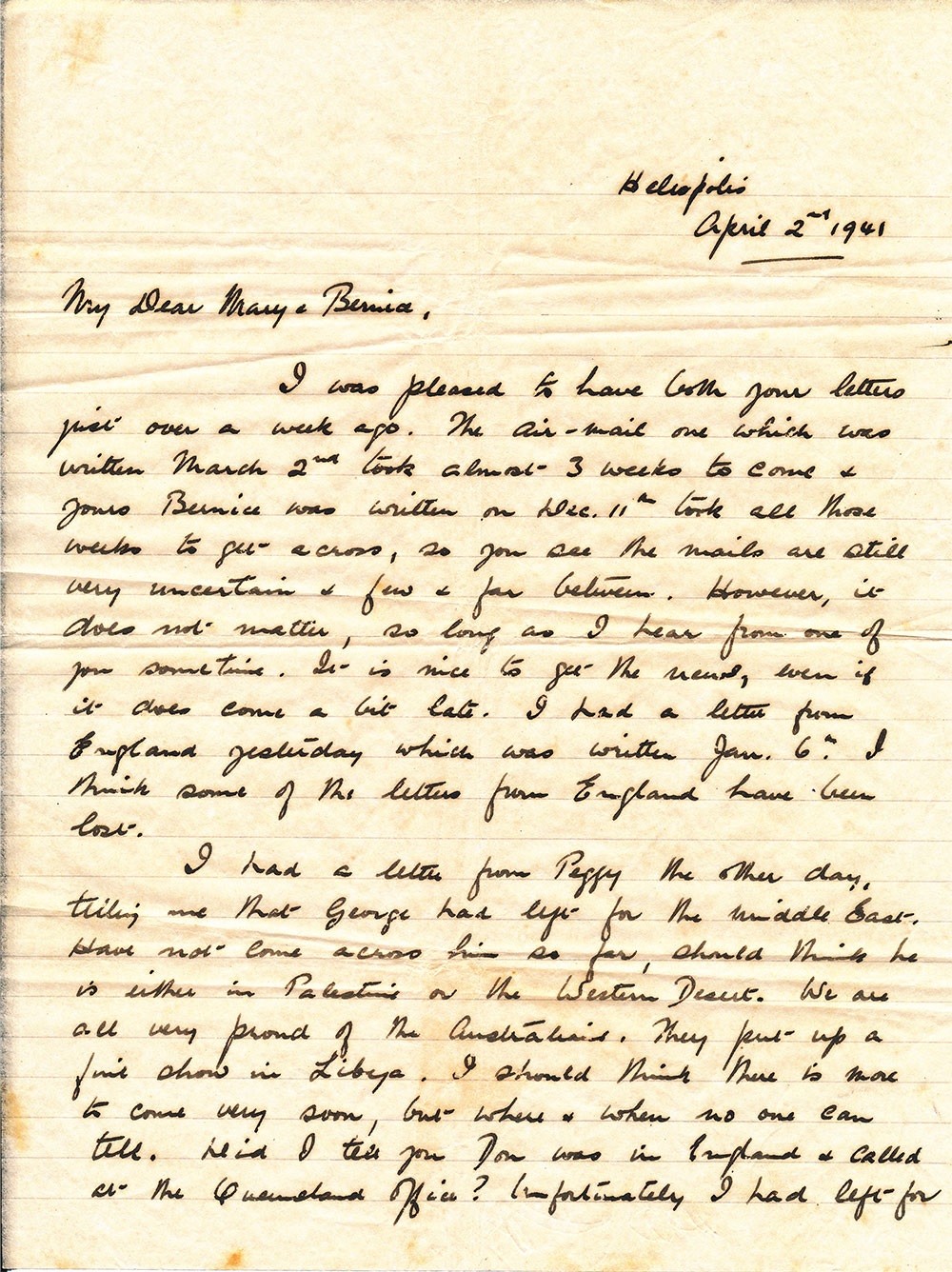 Letter from Nurse Alice Imison, Queen Alexandra’s Military Nursing Service, to her sister Mary Ivett, April 2nd, 1941.