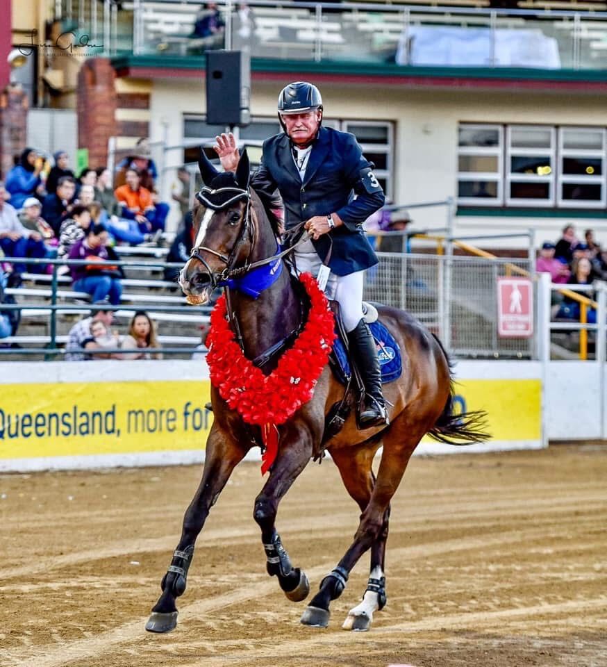 Ronnie Easey and Port O Call jumped 2.13 meter in the Puissance event at the Brisbane Ekka, 2019.