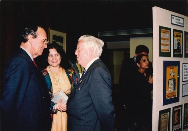 Christina Ealing-Godbold (centre) with Deputy Premier Tom, Burns (left) and Chairman of State Library Board, Manfred Cross (right) talking at the opening of the Workers Heritage Centre exhibition 1993
