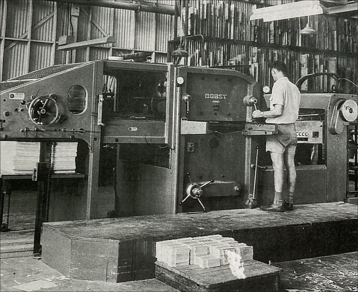 Bobst Die Cutter, QCC factory, Hamilton Road, Moorooka, Qld. 1955.