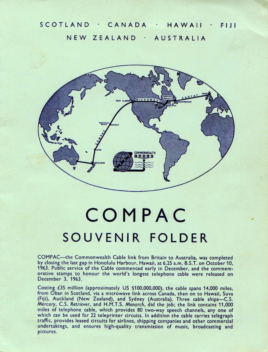 Souvenir Folder issued for the opening of COMPAC on 3 December 1963 which contained four cards for the four countries issuing COMPAC stamps 