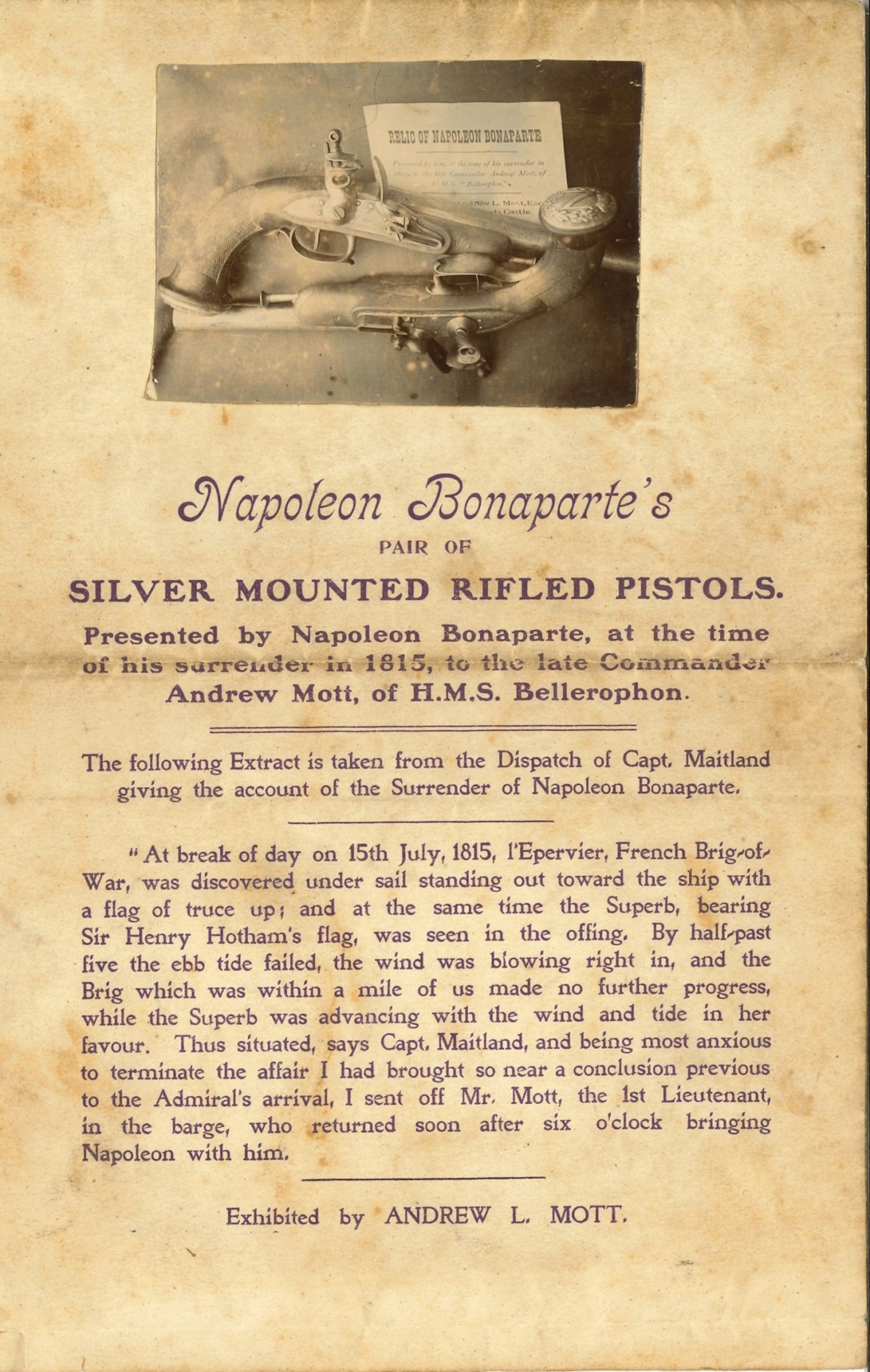 Napoleon Bonaparte's pair of silver mounted rifled pistols. Pamphlet accompanying the items for the Royal Naval Exhibition held at Chelsea, 2nd May, 1891.