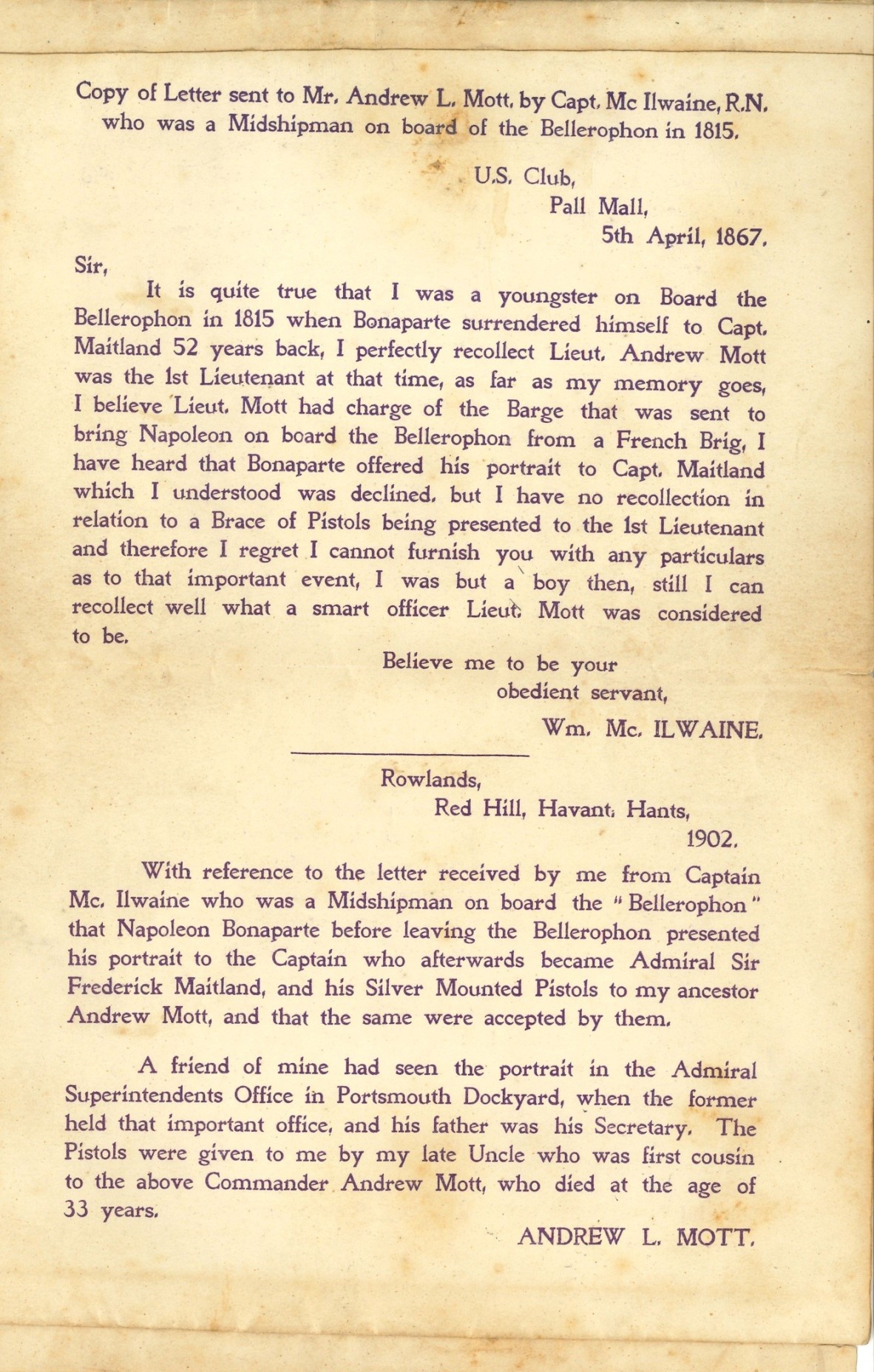 Napoleon Bonaparte's pair of silver mounted rifled pistols. Pamphlet accompanying the items for the Royal Naval Exhibition held at Chelsea, 2nd May, 1891.