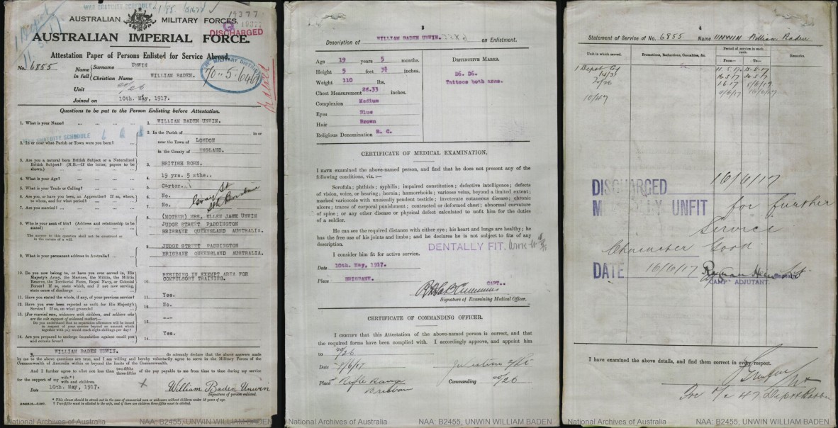 William Billy Baden Unwins Australian Imperial Force service record declaring him medically unfit for further service