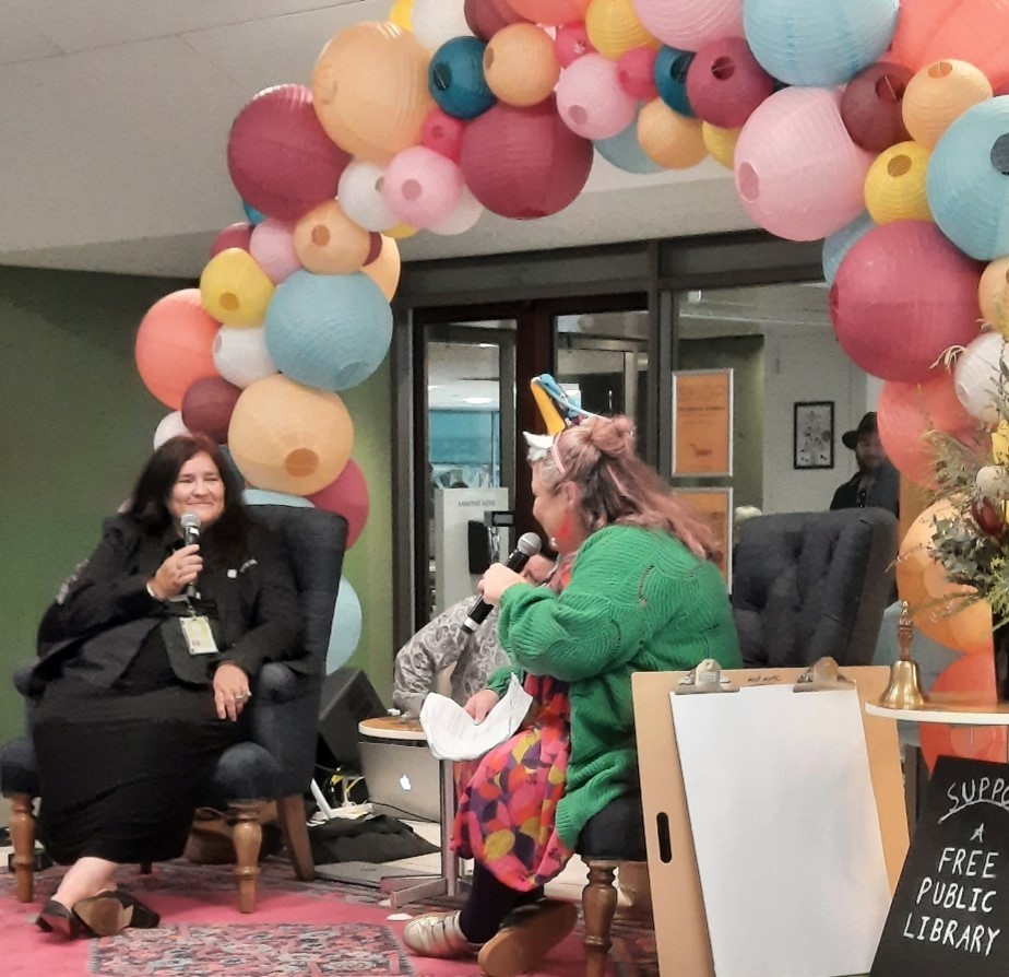 Christina Ealing-Godbold being interviewed at the 120th years State Library celebration in 2022.