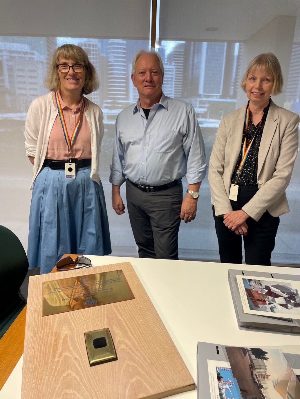 Ric Birch with librarians Robyn Hamilton (left) and Lynn Meyers inspecting some of our existing Expo 88 treasures.