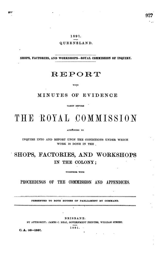 Cover of the Royal Commission into shops, factories and workshops 1891.