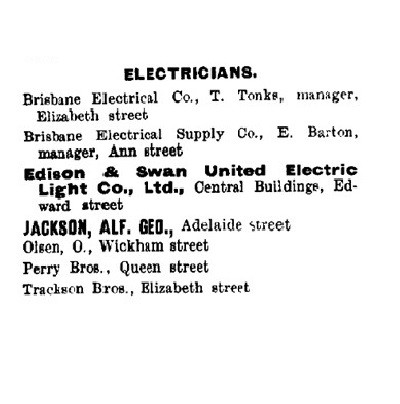The seven businesses listed in Pughs commercial directory as electricians in Brisbane for 1900 