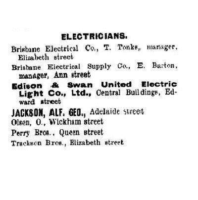 The seven businesses listed in Pugh’s commercial directory as ‘electricians’ in Brisbane for 1900. 