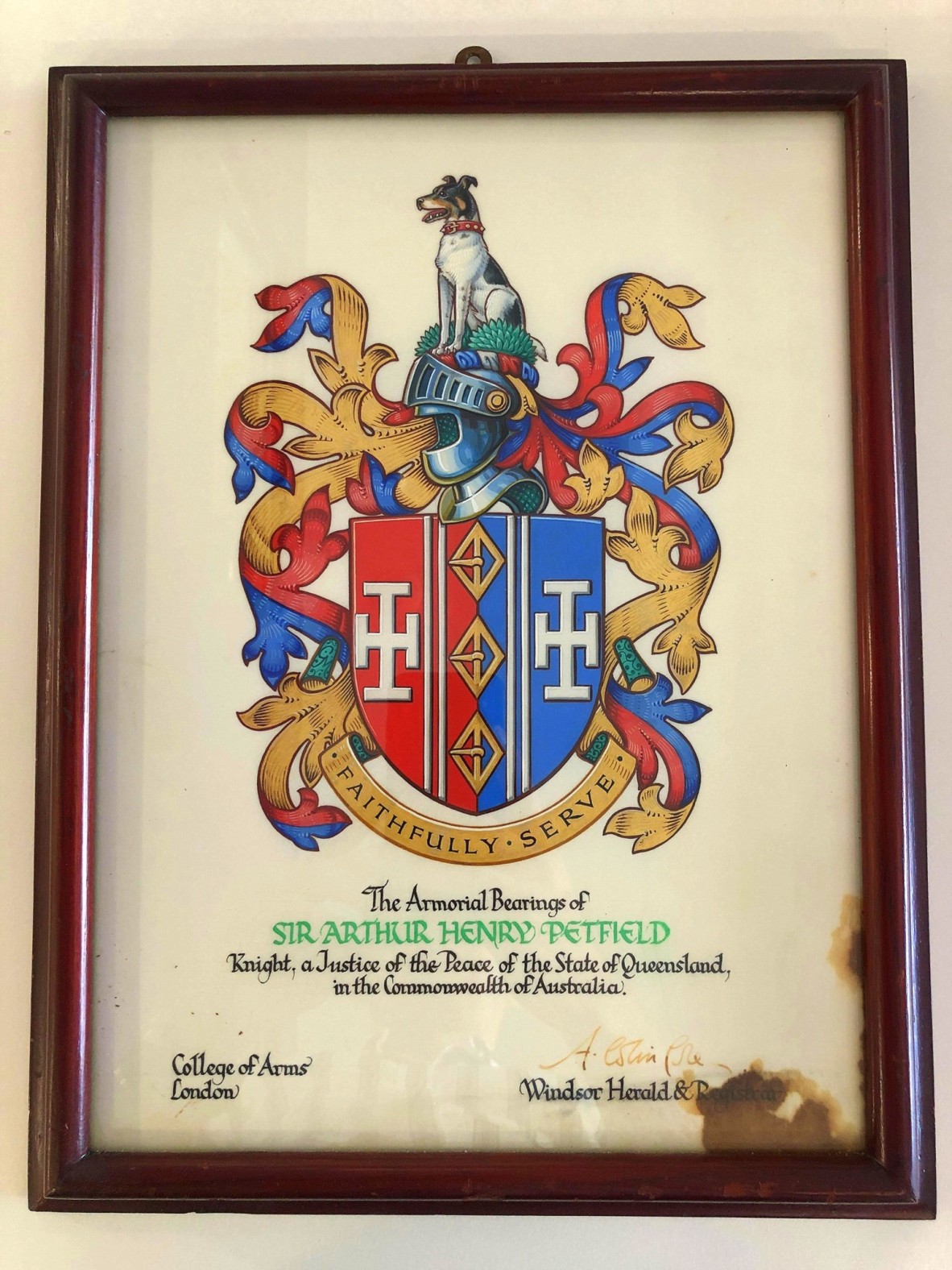 Sir Arthur Petfield's Crest and Coat of Arms.