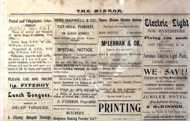 ‘Electric Light for Exhibitors’ (top right), an advertisement for the services that Edward Barton offered to the other exhibitors at the Queensland International Exhibition of 1897.