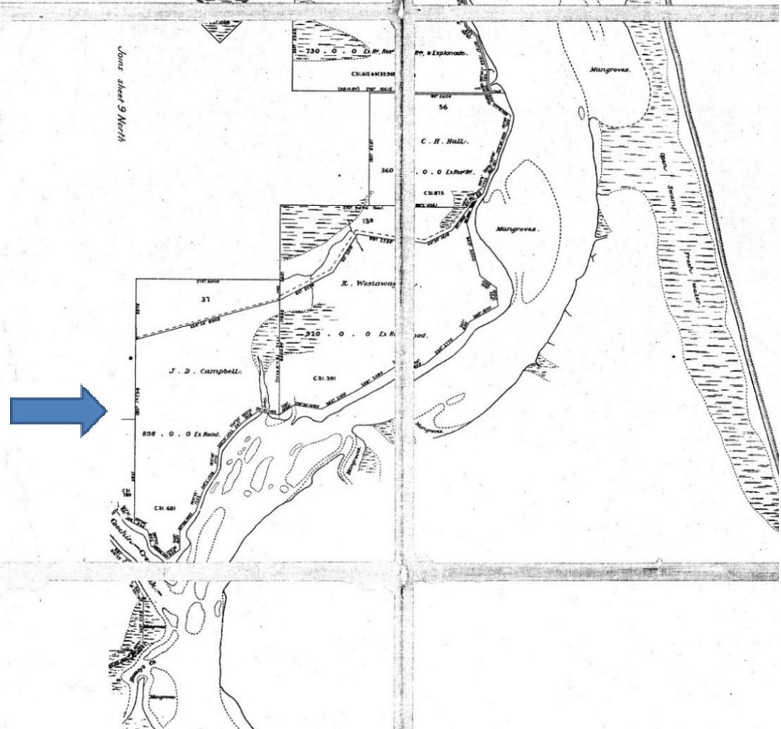 AG2 Moreton Map 8N showing Coochin Creek and J.D.Campbell on the north bank.