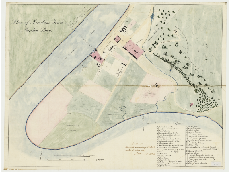 George Barney’s 1839 coloured map showing the small Brisbane settlement as the convict colony was closing down.