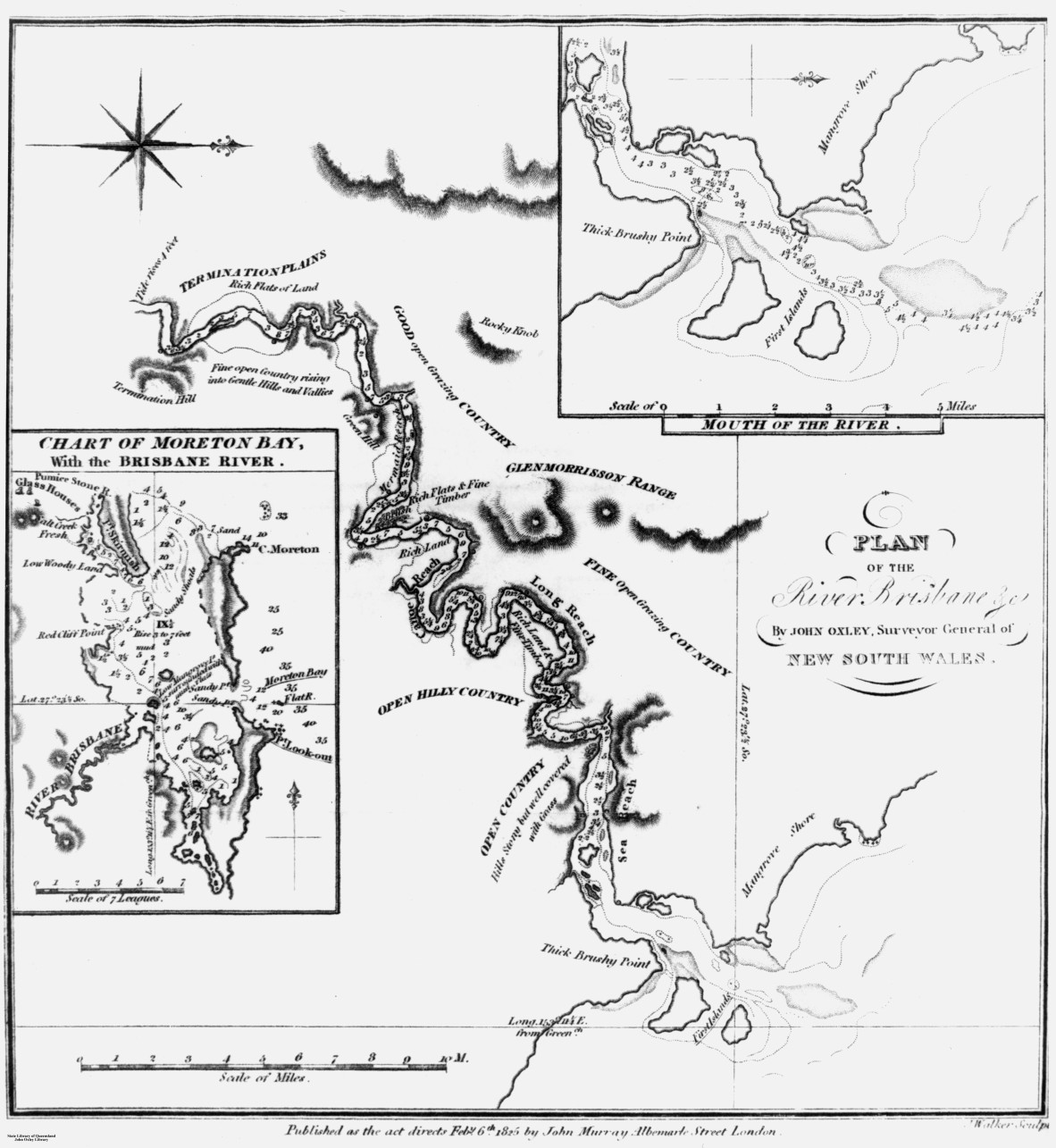 Plan of the River Brisbane and chart of Moreton Bay, as drawn by John Oxley, 1823.