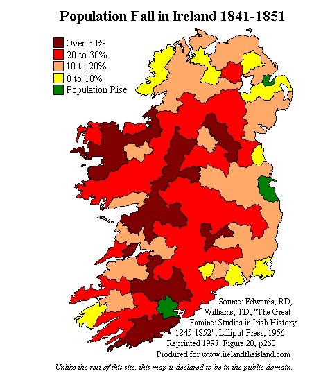 map of Ireland illustrating the fall in population in each country for the period 1841-1851