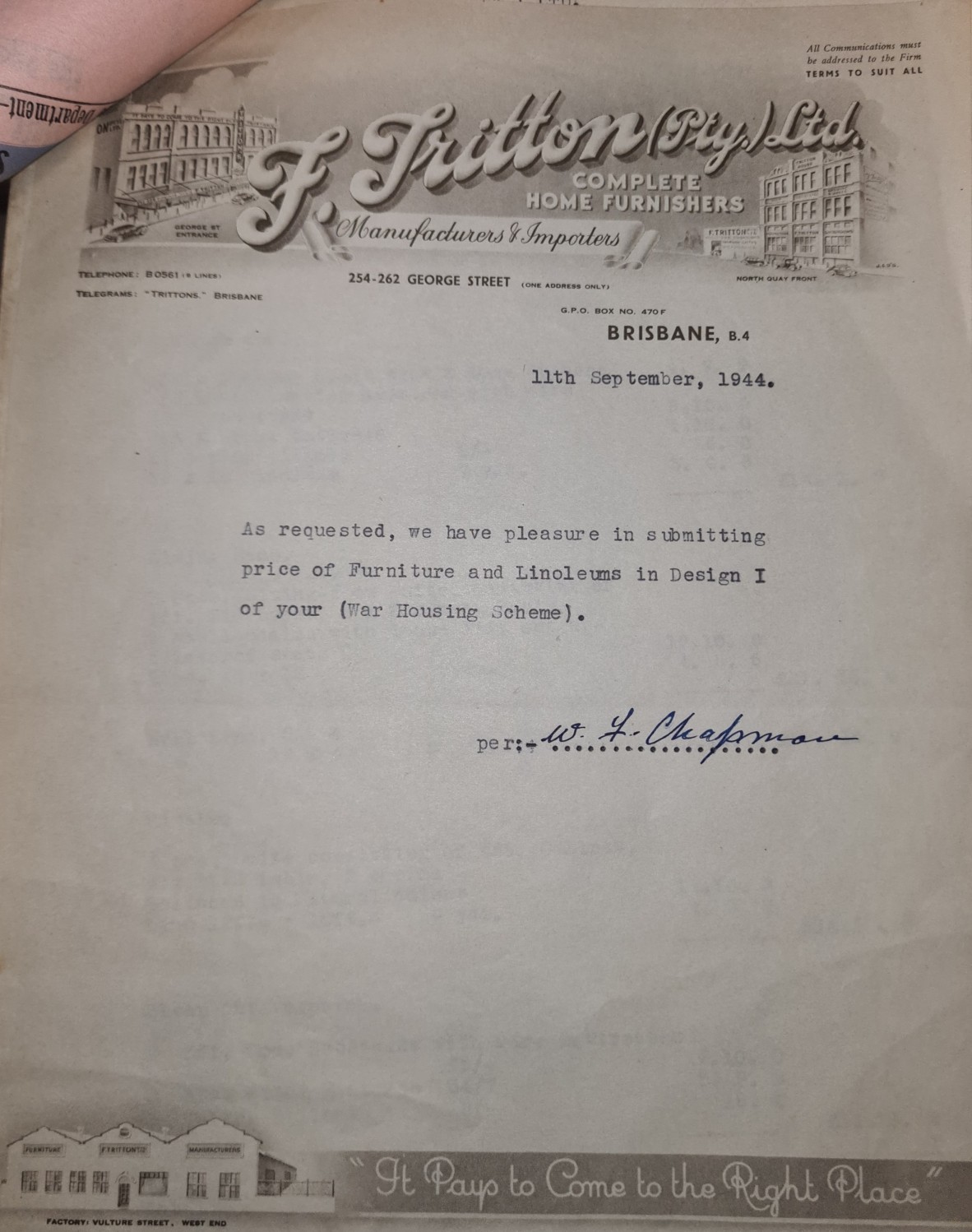 Trittons provided a detailed estimate of the cost of furnishing a War Housing Scheme Home amounting to £109.16.8d. 