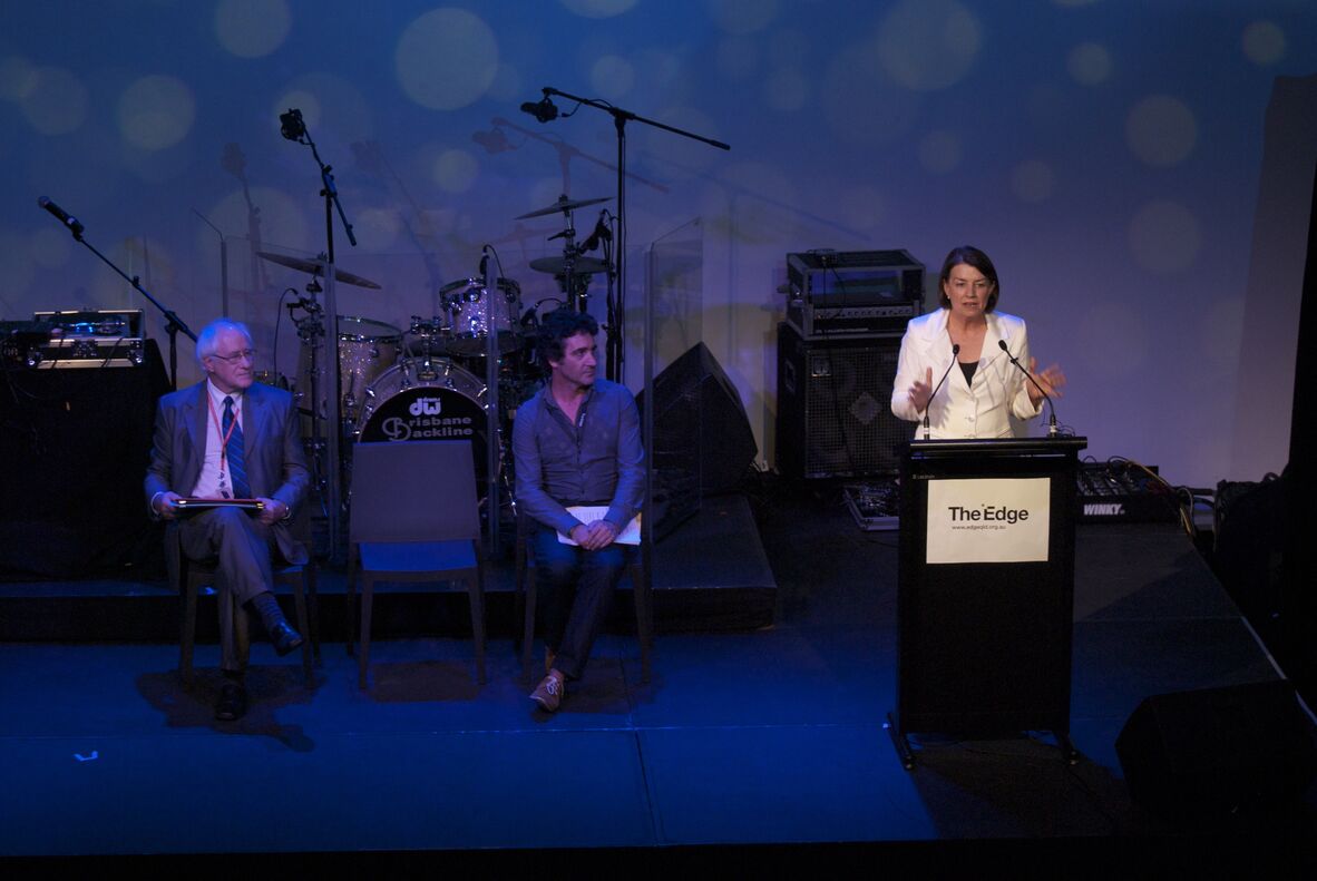 A photo of former Premier Anna Bligh at The Edge Auditorium podium