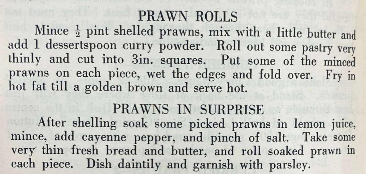 Recipes from The Schauer Australian Cookery Book, including Prawn Rolls and Prawns in Surprise