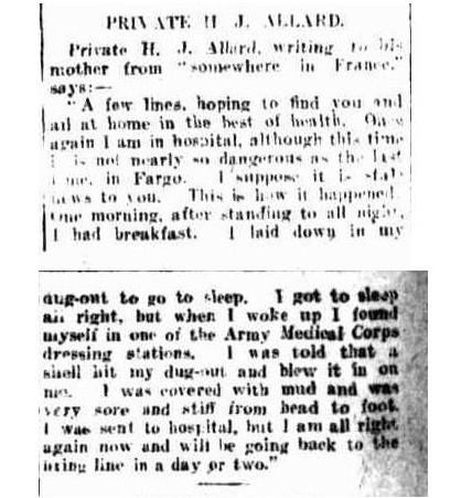 Article from Trove - Private H. J. Allard writing to his mother from "somewhere in France