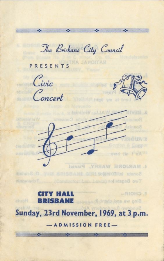 Brisbane City Council Civic Concert program cover, 23 November 1969. 