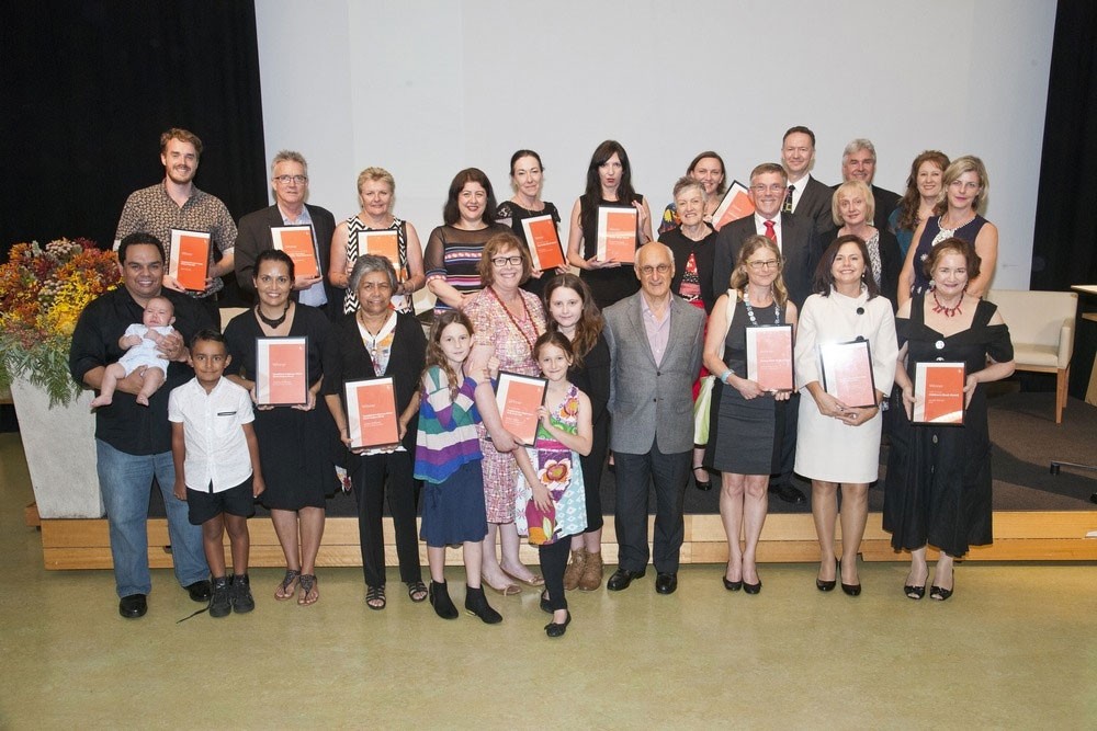 Group photograph of authors and presenters at the Queensland Literary Awards ceremony held in Auditorium 1 at State Library of Queensland South Brisbane Queensland 8 December 2014 SLQ Image 29709-0001-0049