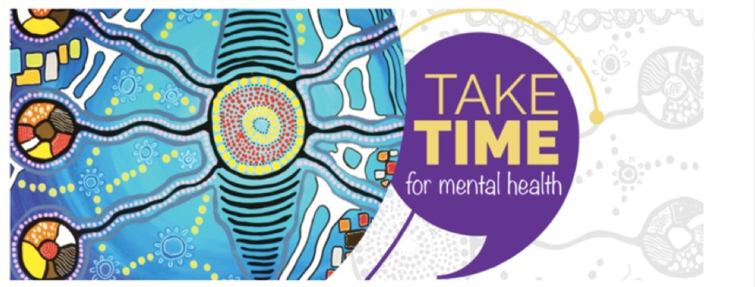 A blue, yellow and purple logo saying "Take time for mental health"