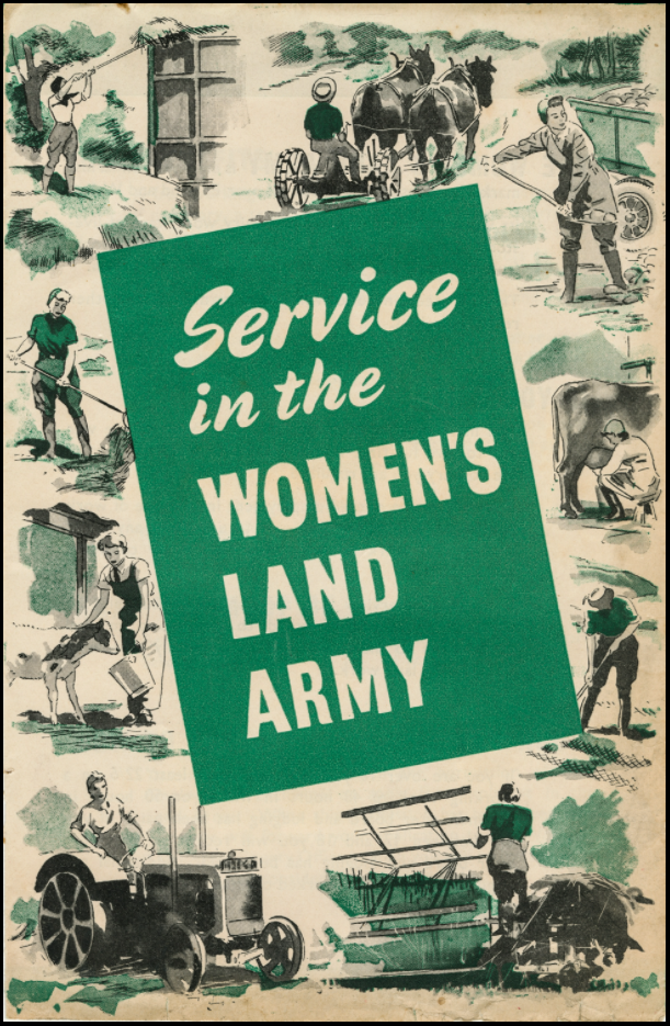 Phamplet with drawings of different duties offered in service with the women's land army 