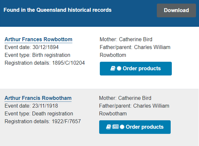 Text showing Queensland birth and death information for A F Rowbotham