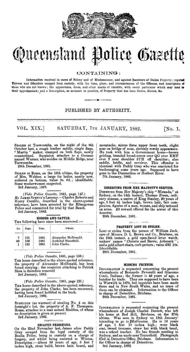 Queensland police gazette, 7 January 1882