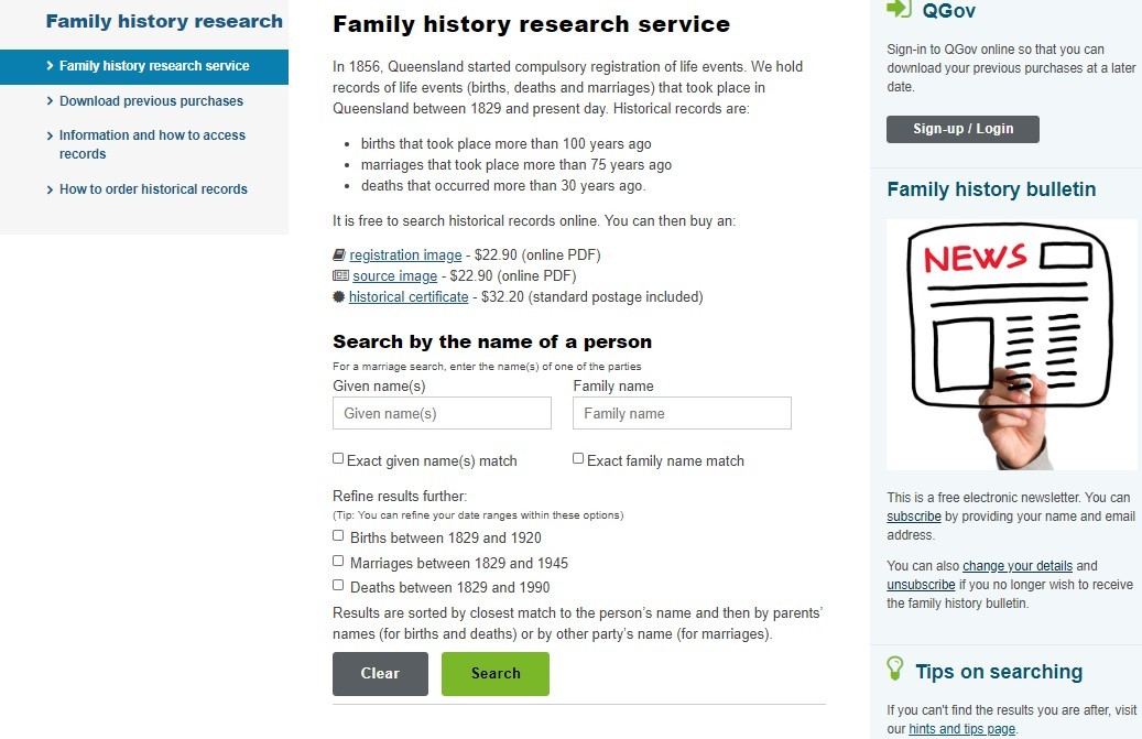 Queensland Registry for births, deaths and marriages family history service web page